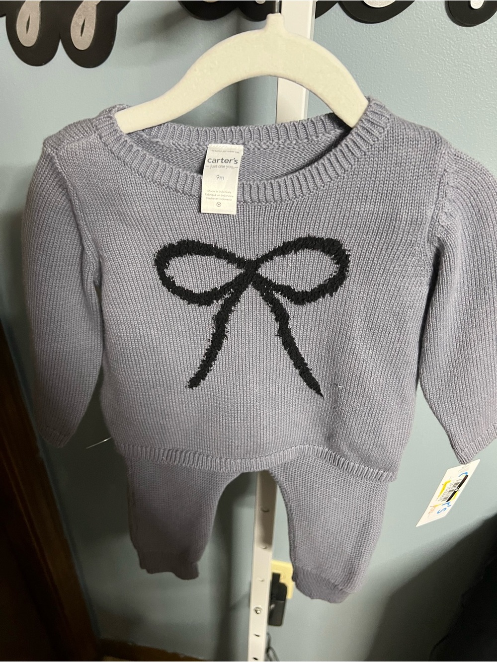 Carter's Baby Gray Knit Sweater with Black Bow and Pants Set 9 months NWT